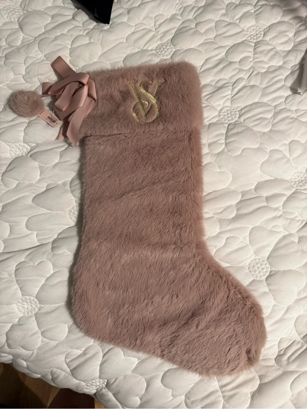 Victoria's Secret Blush Pink Faux Fur Holiday Stocking with Gold Logo